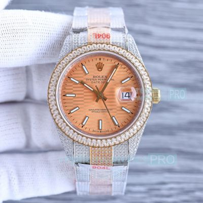 High Quality 41mm Replica Swiss 2824 Rolex Datejust Iced Out Watch Rose Gold Dial 